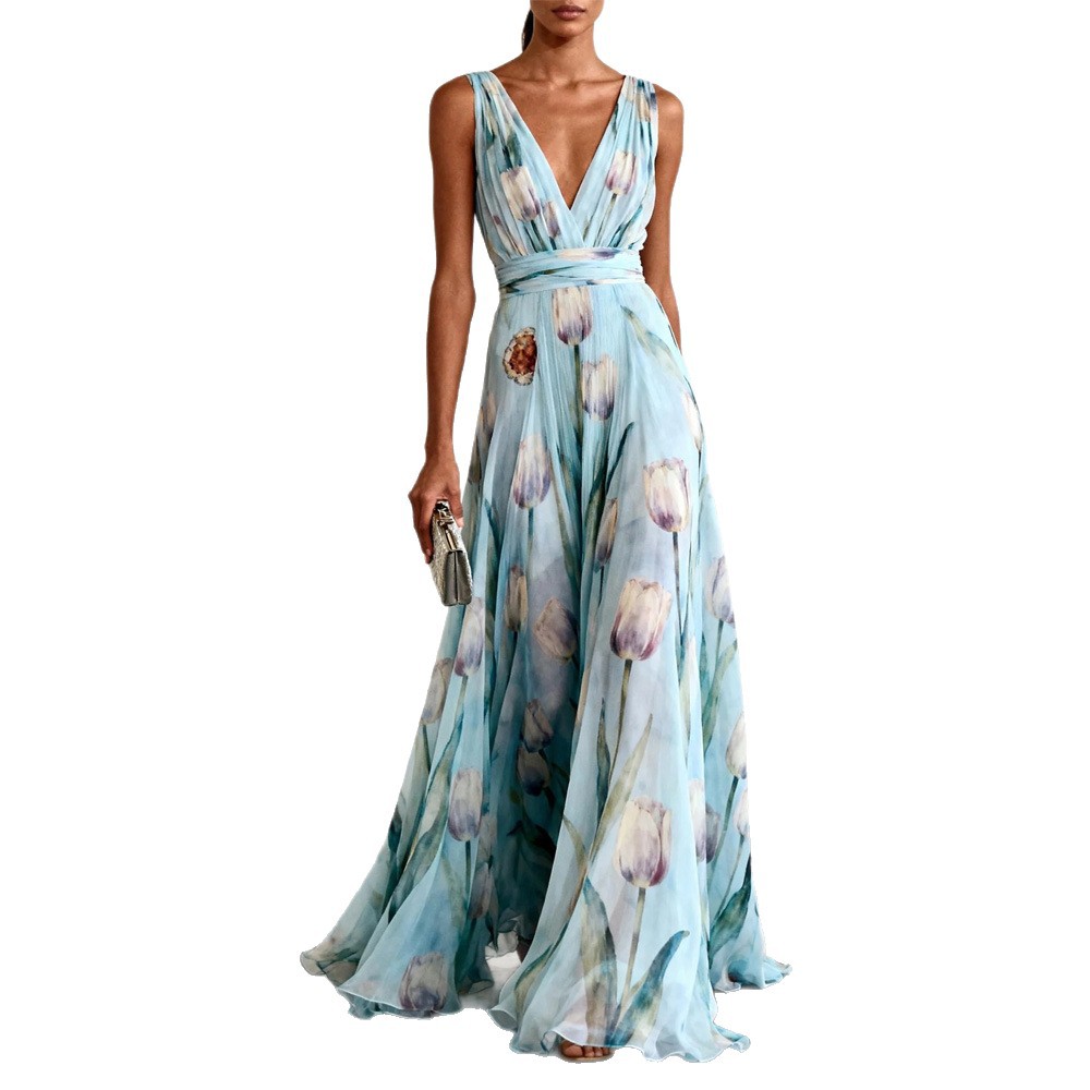 Bluesy Tulip Print Chiffon Maxi Dress – Elegant Sleeveless V-Neck Flowing Gown