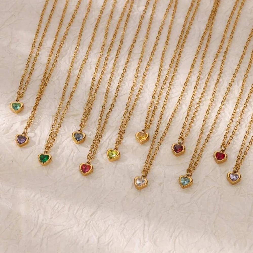 Tiny Heart Birthstone Necklace – Gold Stainless Steel Choker for Women | Minimalist Red Love Pendant, Birthday & Mama Gift