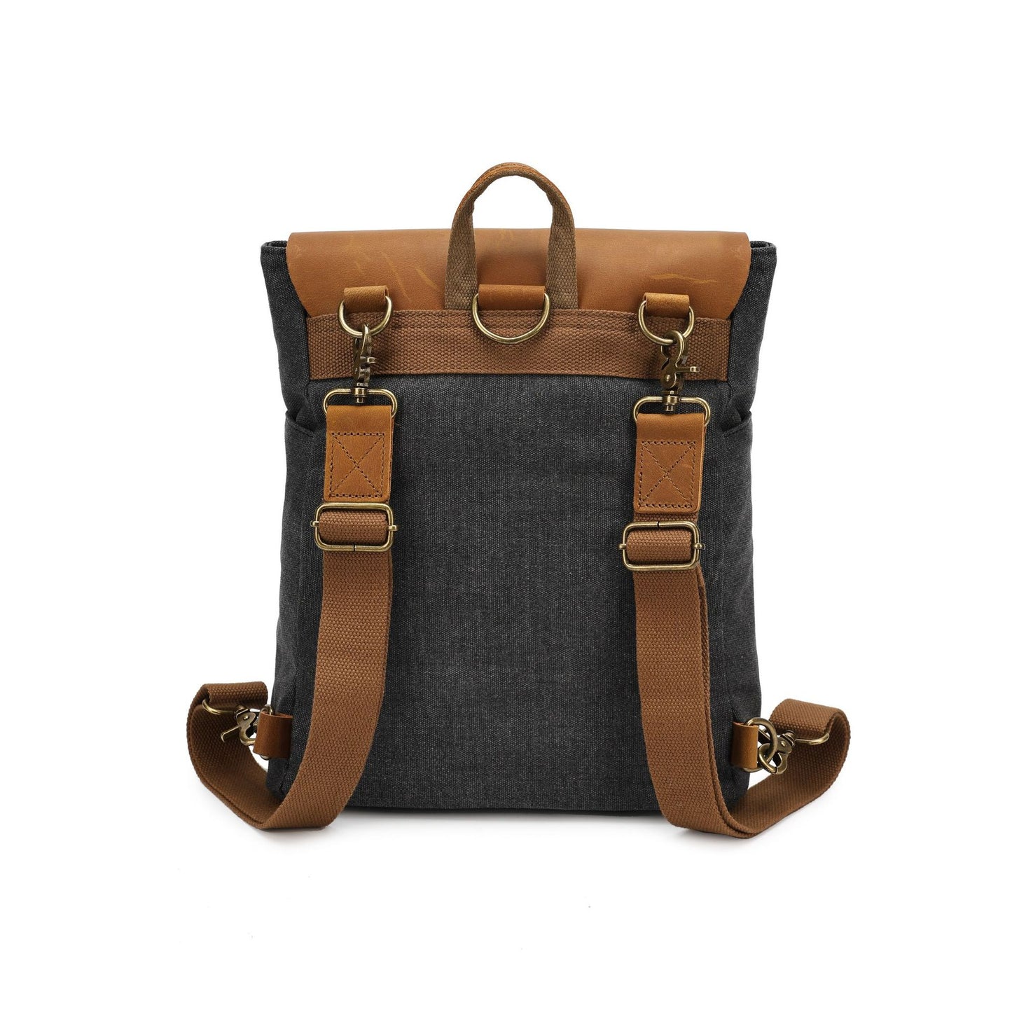 Gray backpack with brown straps and accents on a white background