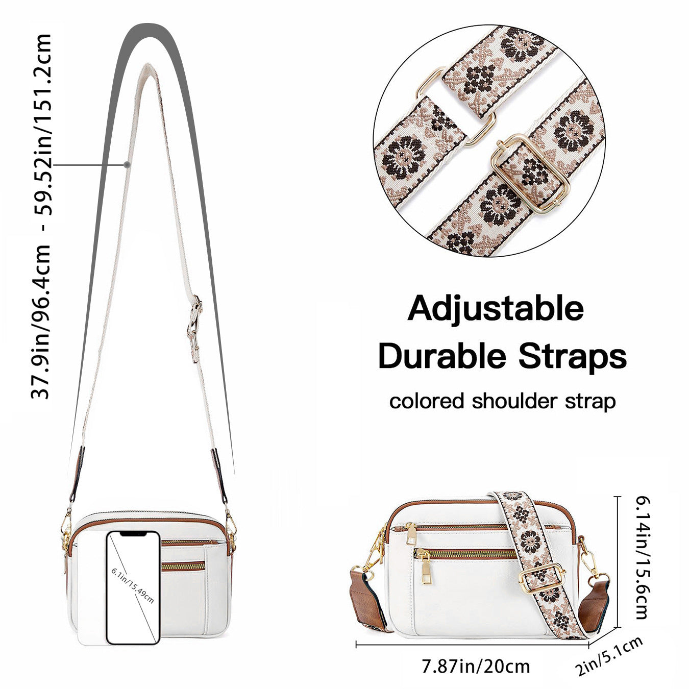 White handbag with adjustable floral strap and measurements on a white background