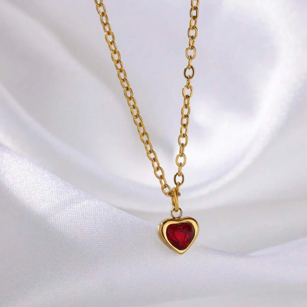 Tiny red heart birthstone necklace for women in gold stainless steel