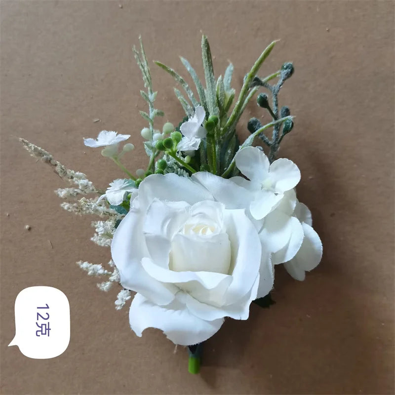 Beige Boutonnieres Flowers Artificial Roses Silk White Corsage Buttonhole Groomsmen Boutonniere for Men Wedding Accessories