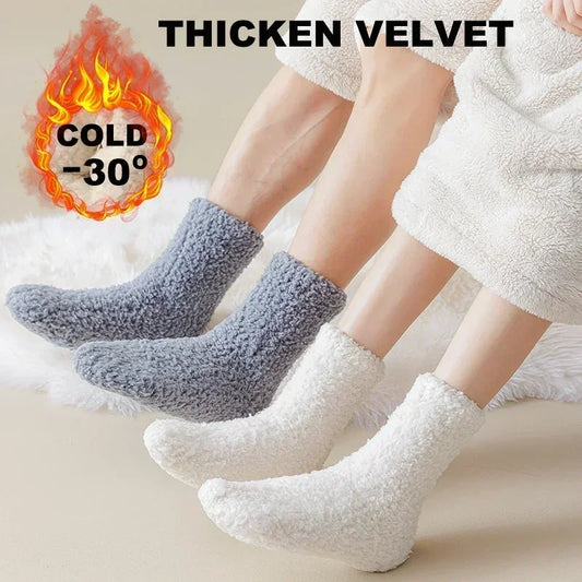 3 pairs unisex coral plush winter slipper socks – thick warm fuzzy mid-tube socks