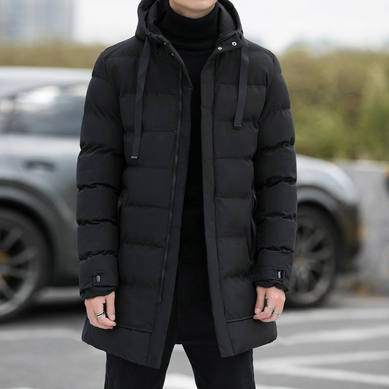 Men wearing black long hooded puffer jacket for winter, windproof insulated design