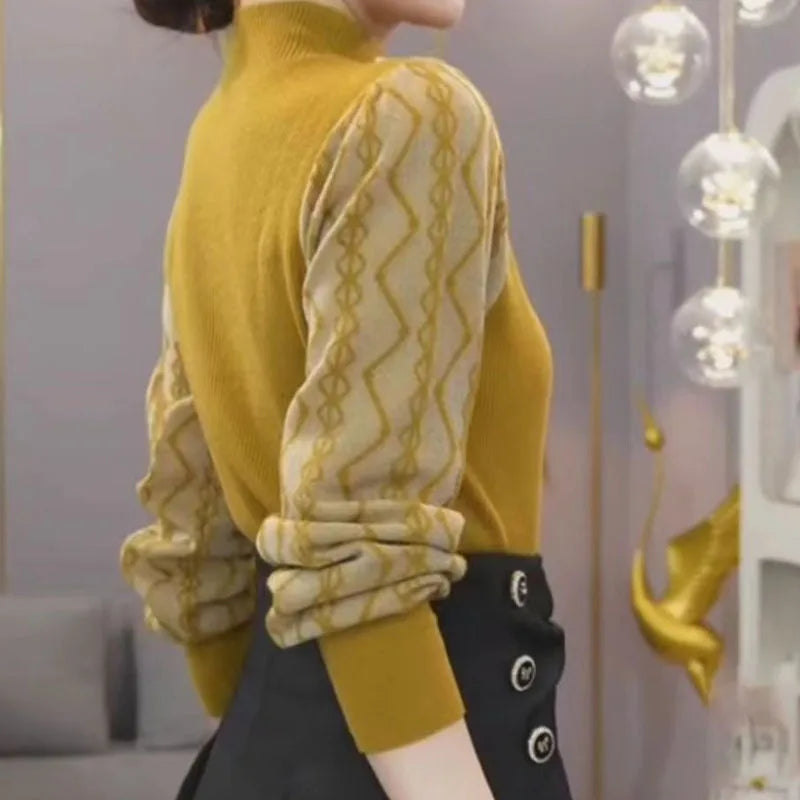 Women’s Korean Hollow-Out Sweater – Long Sleeve Half High Collar Knit Top | Autumn & Winter Casual Solid Spliced Pullover