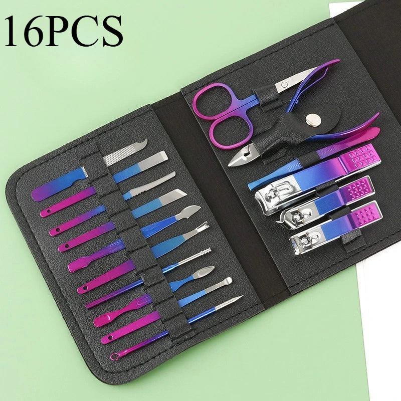 16pcs Professional Nail Clippers and Cuticle Nippers Set With Leather Portable Case Idea Gift,Manicure Set Full Function