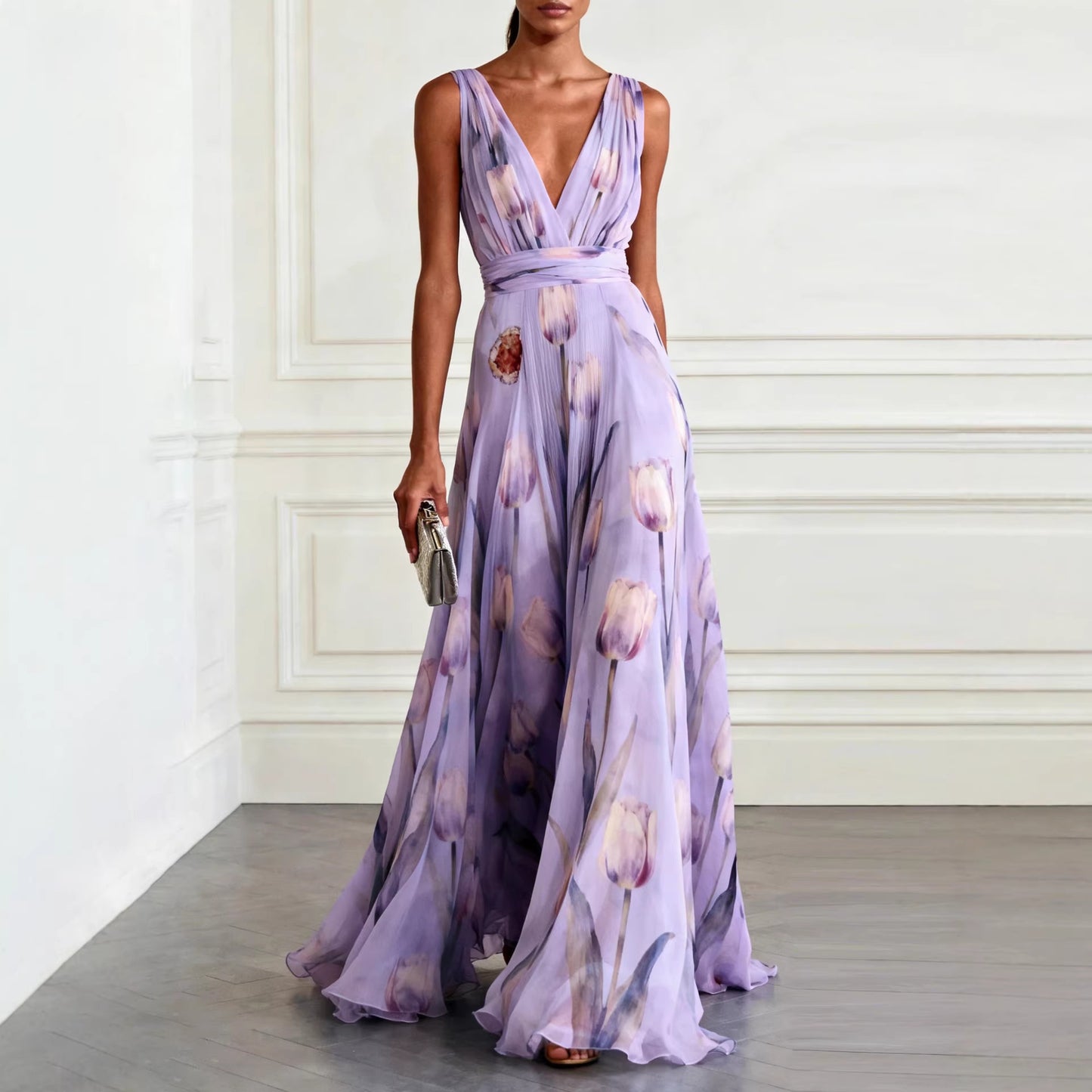 Bluesy Tulip Print Chiffon Maxi Dress – Elegant Sleeveless V-Neck Flowing Gown