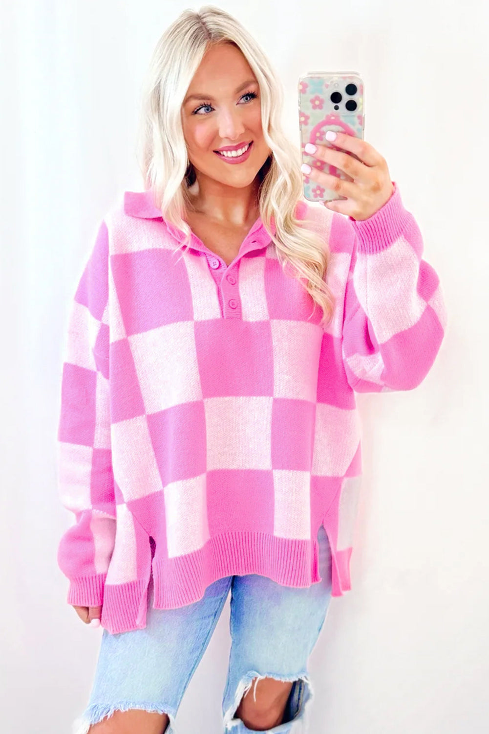 Soft pink and white checker knit pattern with classic button collar