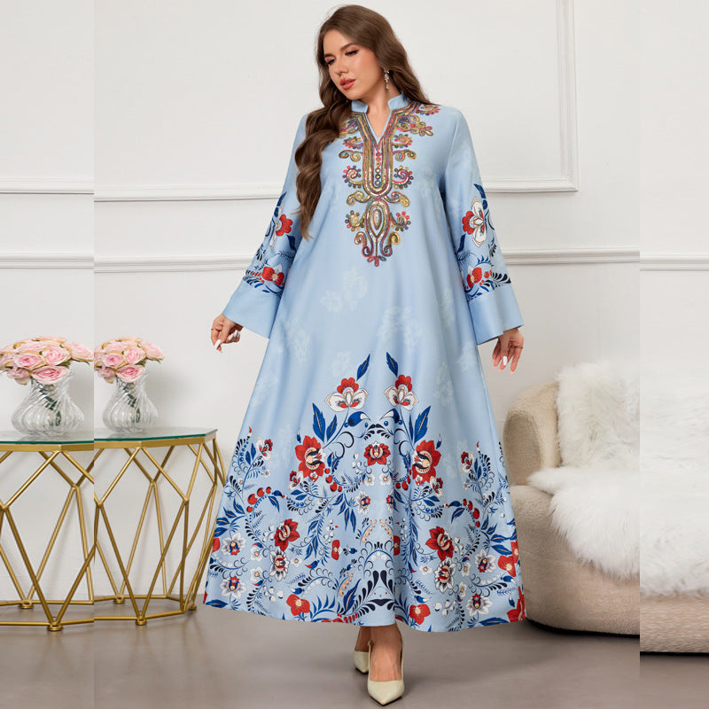 Blue Embroidered Maxi Dress – Long Sleeve Loose-Fit Printed