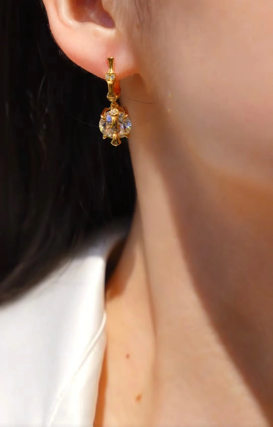 BELLUX bamboo design 925 silver drop earrings with four-claw synthetic zircon stones