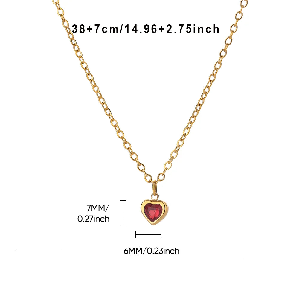Tiny Heart Birthstone Necklace – Gold Stainless Steel Choker for Women | Minimalist Red Love Pendant, Birthday & Mama Gift
