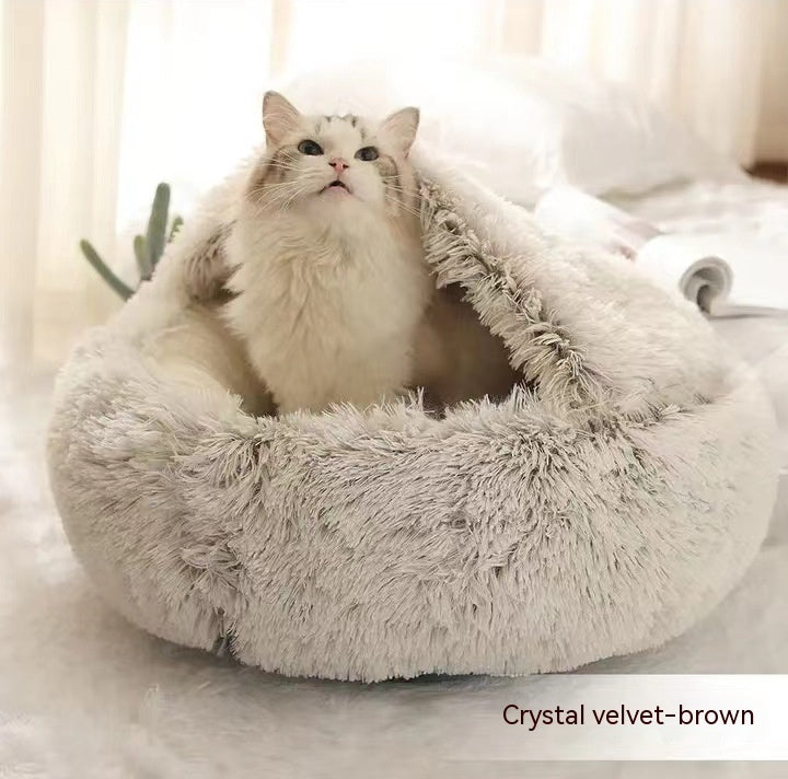 2-in-1 Dog & Cat Winter Bed – Round Plush Pet House | Soft Warm Long Plush Bed for Cats and Small Dogs