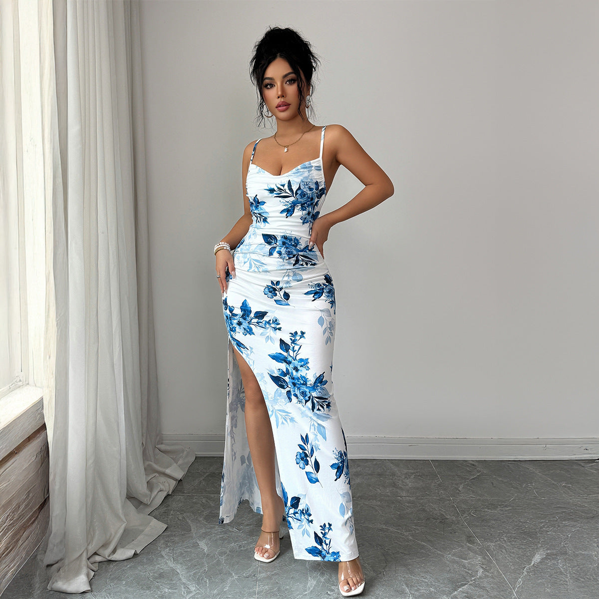 Floral Backless Maxi Slip Dress – Slim Fit Sleeveless Evening Gown