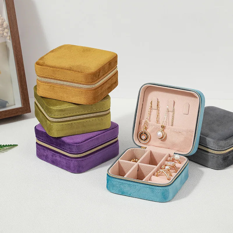 Velvet Jewelry Box For Women Necklace Ring Earrings Organizer Holder Travel Portable Zipper Square Jewelry Storage Case