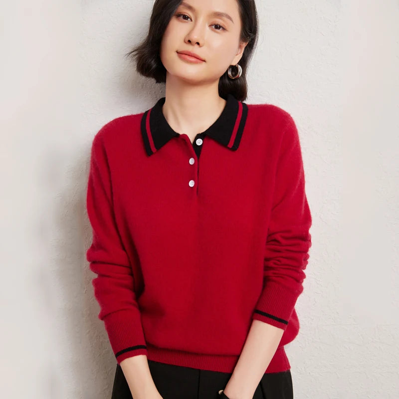 Women’s Contrast Color Polo Sweater – 30% Cashmere 70% Wool Knit Pullover | Soft Autumn & Winter Luxury Top
