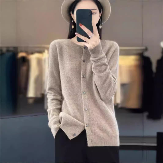 Women’s Merino Wool O-Neck Cardigan – Soft Knit Long-Sleeve