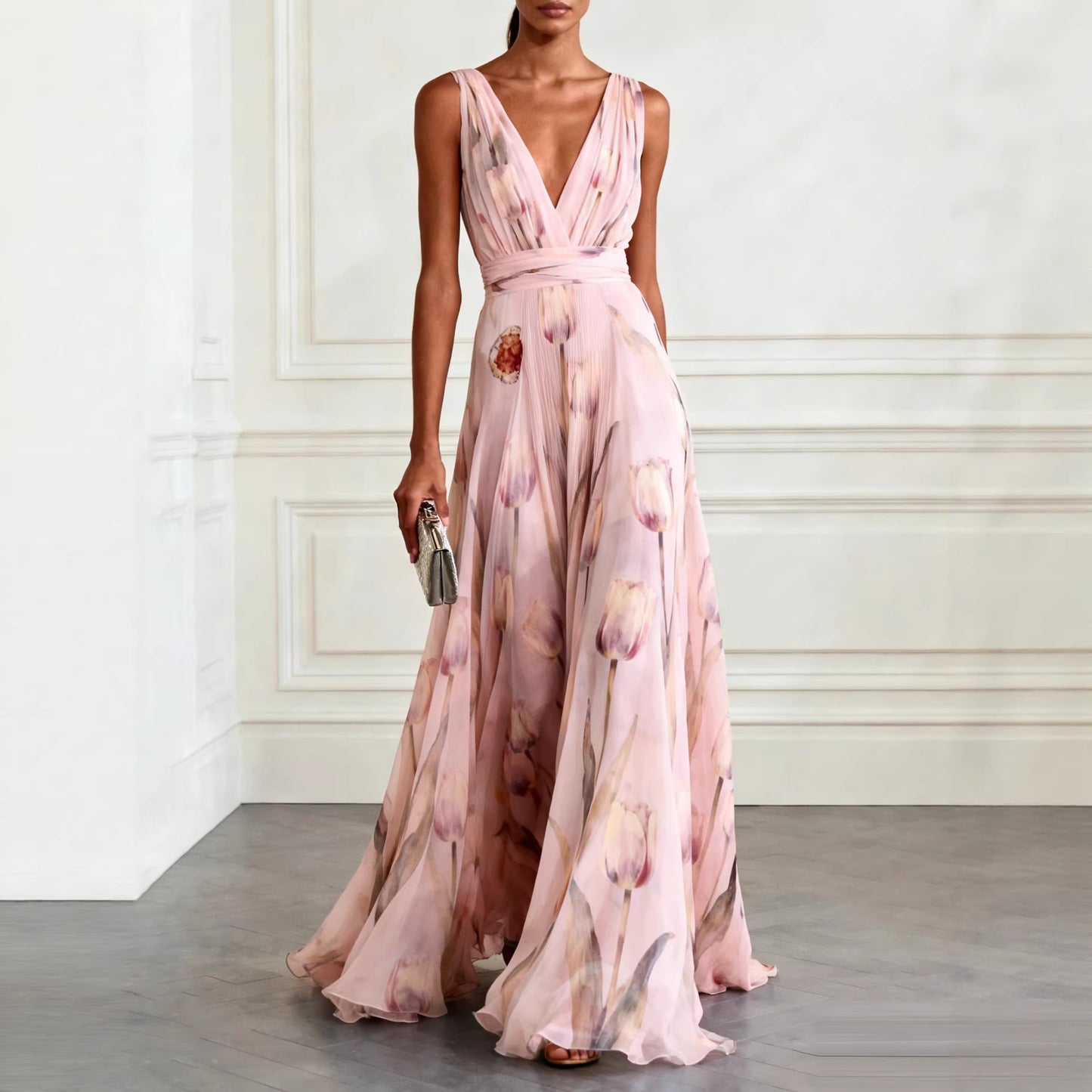 Bluesy Tulip Print Chiffon Maxi Dress – Elegant Sleeveless V-Neck Flowing Gown