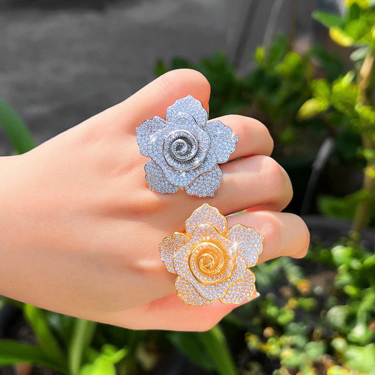 Woman wearing luxury cubic zirconia flower ring – wedding and party accessory