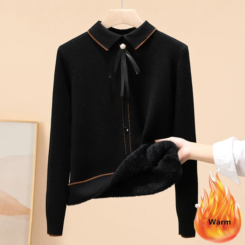 Women’s plus velvet thick polo collar sweater – warm Korean winter pullover
