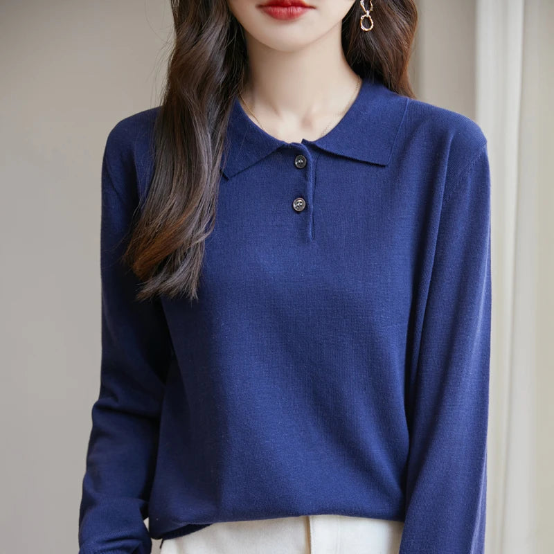 100% Cotton Polo Collar Sweater for Women – Casual Solid Knit Pullover | Long Sleeve Spring & Autumn Knitwear Top