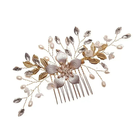 Bridal Wedding Pearl Flower Hairpin Side Comb Golden Leaf Shaped Alloy Tiaras Insert Jewelry Comb Hair Jewelry Bride Headwear