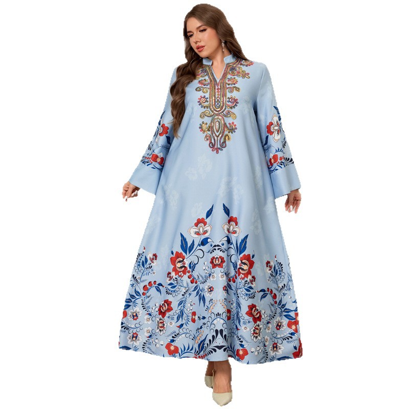 Blue Embroidered Maxi Dress – Long Sleeve Loose-Fit Printed