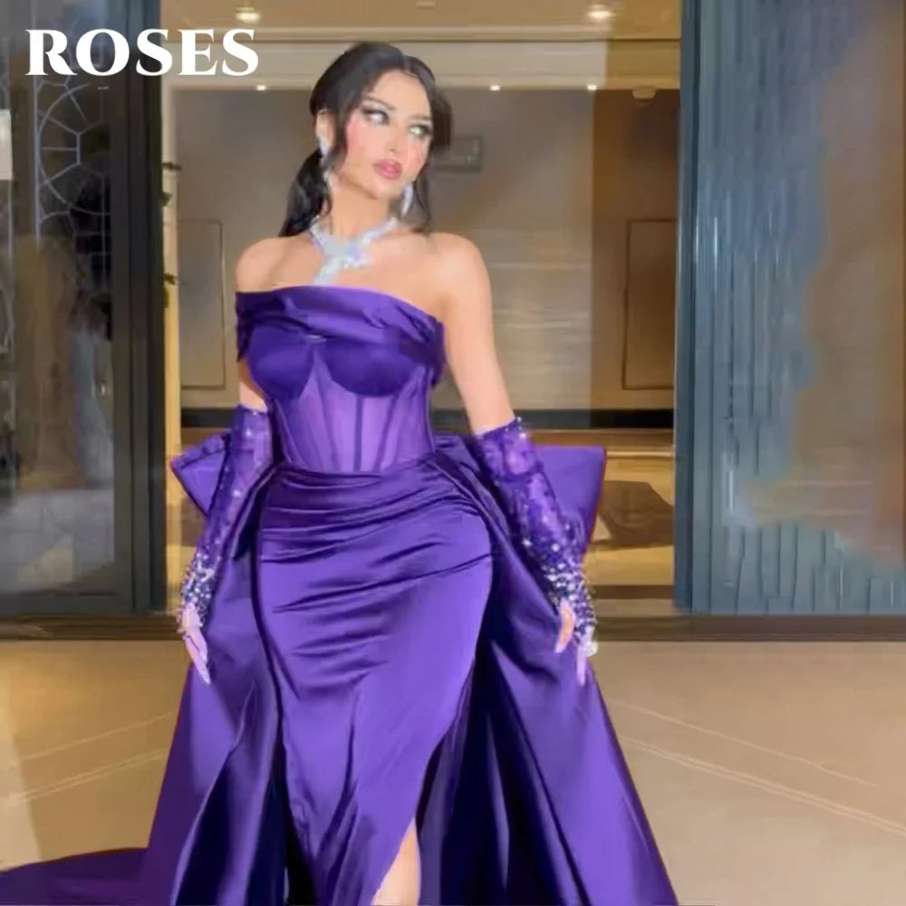 ROSES Burgundy Stain Mermaid Prom Dresses with Bow Shining Beading On Sleeve Evening Dress One Shoulder Sweetheart فساتين الحف