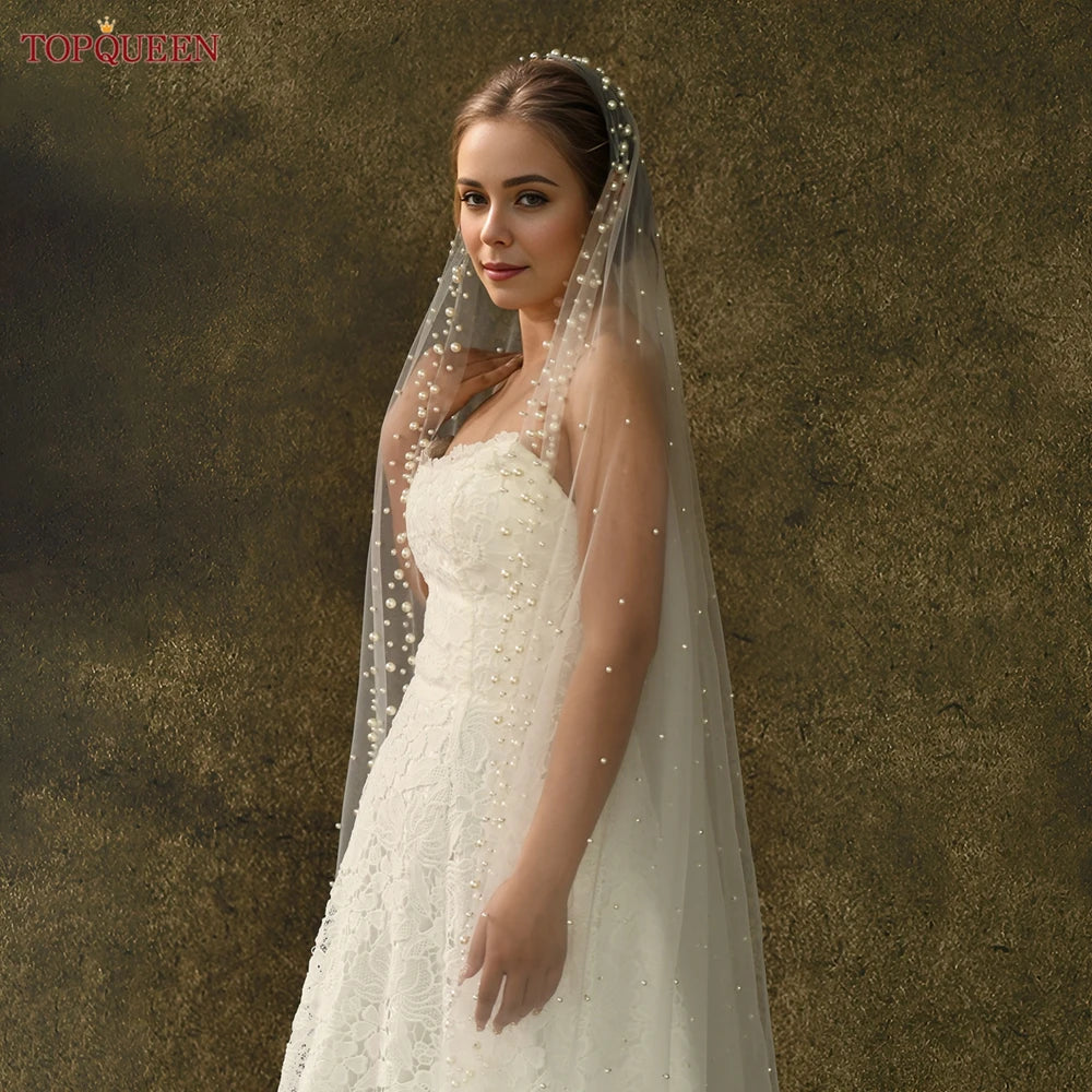TOPQUEEN V66 cathedral pearl wedding veil – single-layer tulle bridal veil without comb