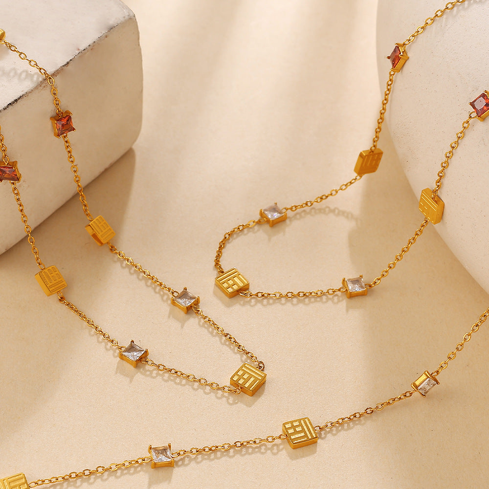 Adjustable stainless steel gold plated necklace with zircon accents