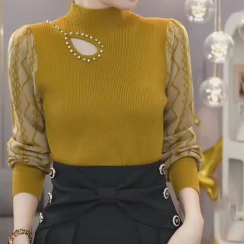 Woman wearing Korean-style hollow-out sweater – chic autumn winter outfit