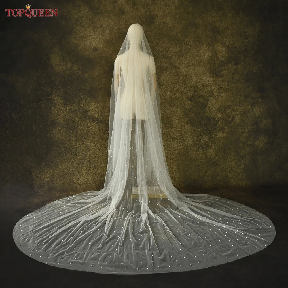 TOPQUEEN V66 Luxury Cathedral Pearl Wedding Veil – Single Layer Long Bridal Veil Without Comb | White or Off-White (150 cm / 200 cm / 300 cm)