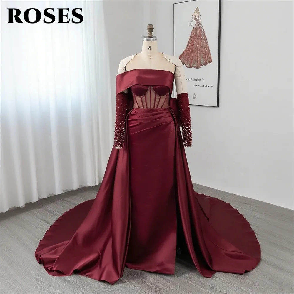 ROSES Burgundy Stain Mermaid Prom Dresses with Bow Shining Beading On Sleeve Evening Dress One Shoulder Sweetheart فساتين الحف