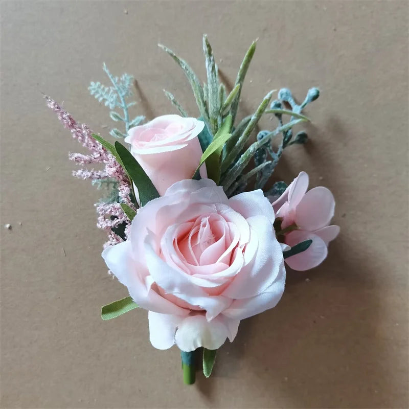 Beige Boutonnieres Flowers Artificial Roses Silk White Corsage Buttonhole Groomsmen Boutonniere for Men Wedding Accessories