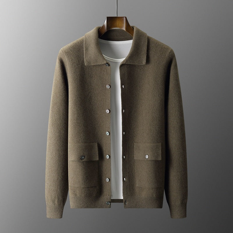 men’s polo-collar wool cardigan with button front, ribbed trim and two patch pockets