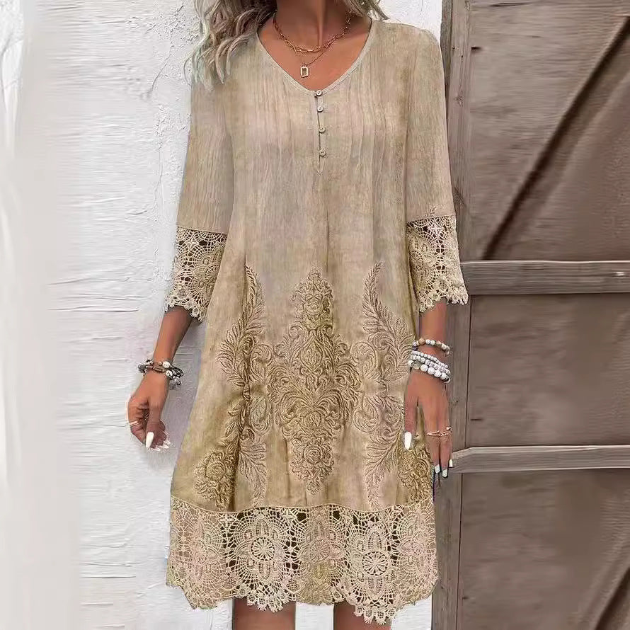 Floral Lace A-Line Midi Dress – Casual Summer Dress