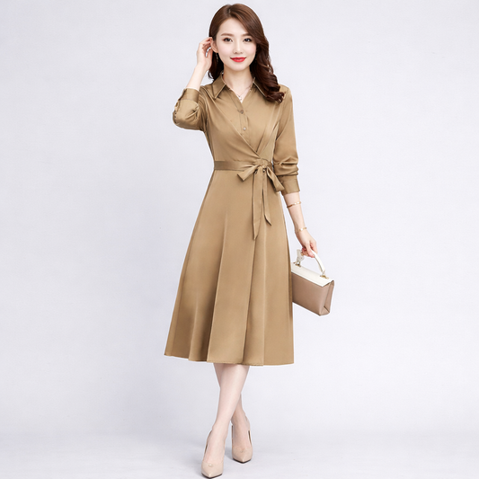 Woman wearing a brown dress with a belt, holding a handbag on a light gray background
