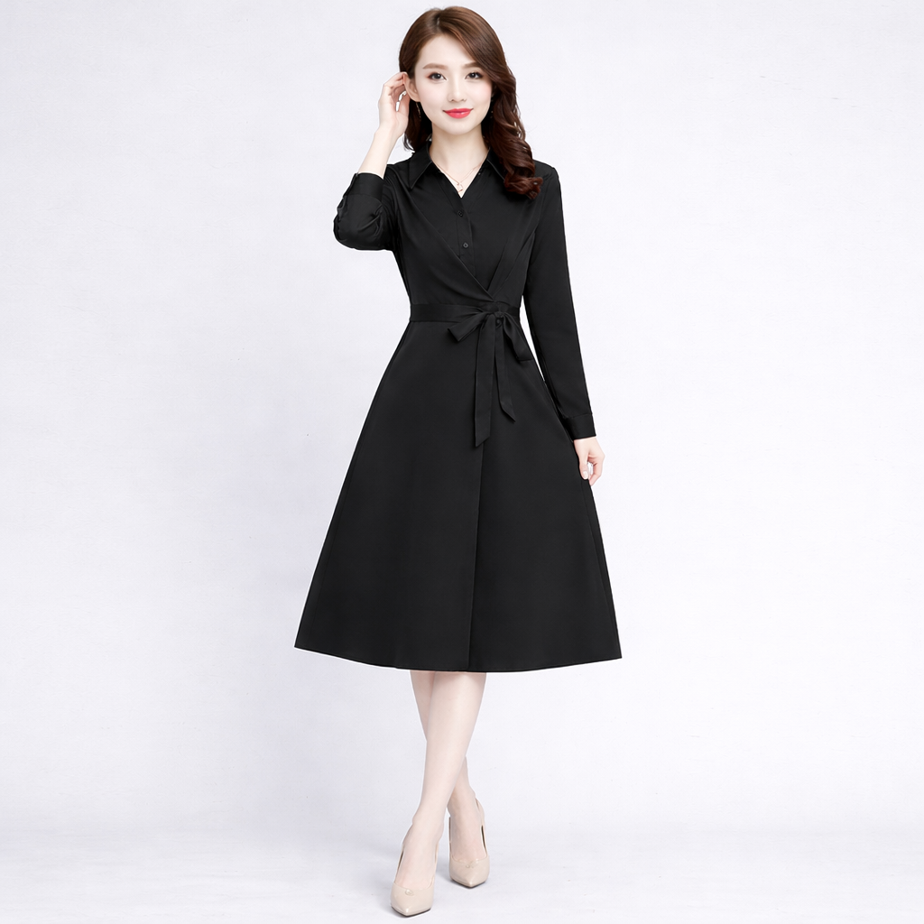 Woman wearing a black dress with a belt on a white background