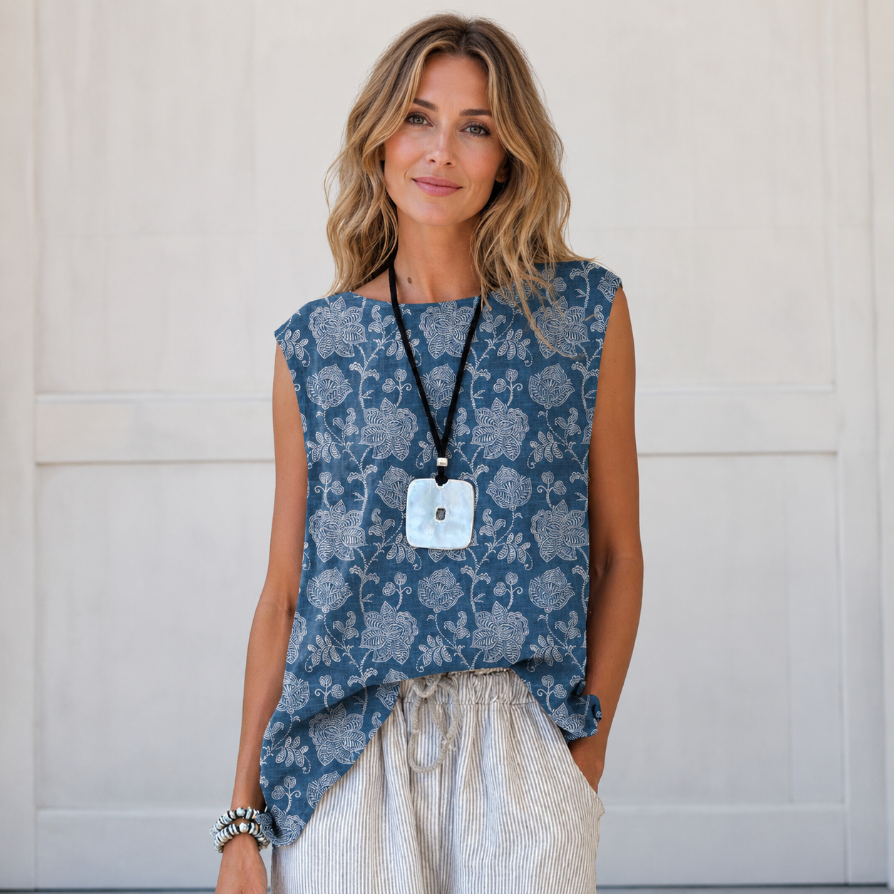 Women's Casual Printed Cotton-Linen Sleeveless Blouse – Loose Fit Summer Tank Top
