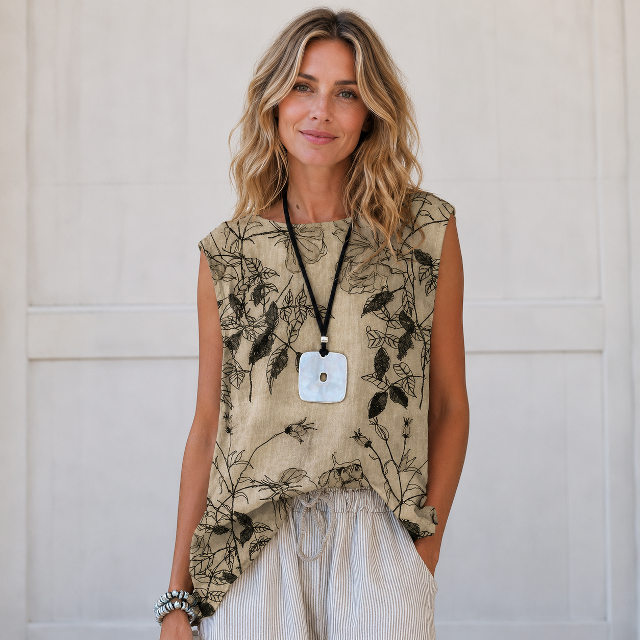 Women's Casual Printed Cotton-Linen Sleeveless Blouse – Loose Fit Summer Tank Top