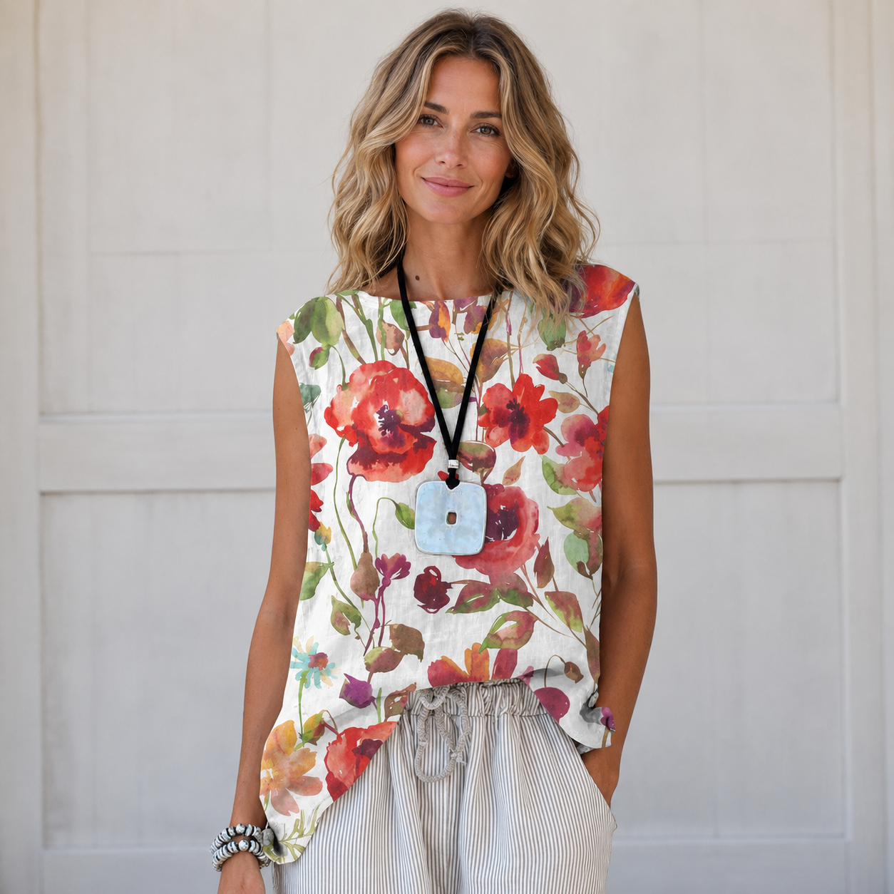 Women's Casual Printed Cotton-Linen Sleeveless Blouse – Loose Fit Summer Tank Top