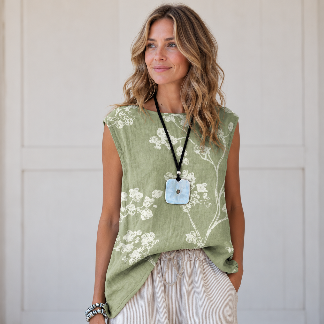 Women's Casual Printed Cotton-Linen Sleeveless Blouse – Loose Fit Summer Tank Top