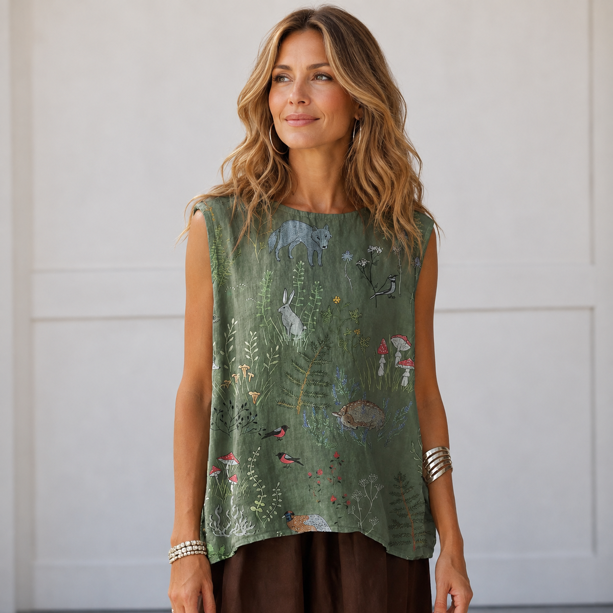Women's Casual Printed Cotton-Linen Sleeveless Blouse – Loose Fit Summer Tank Top