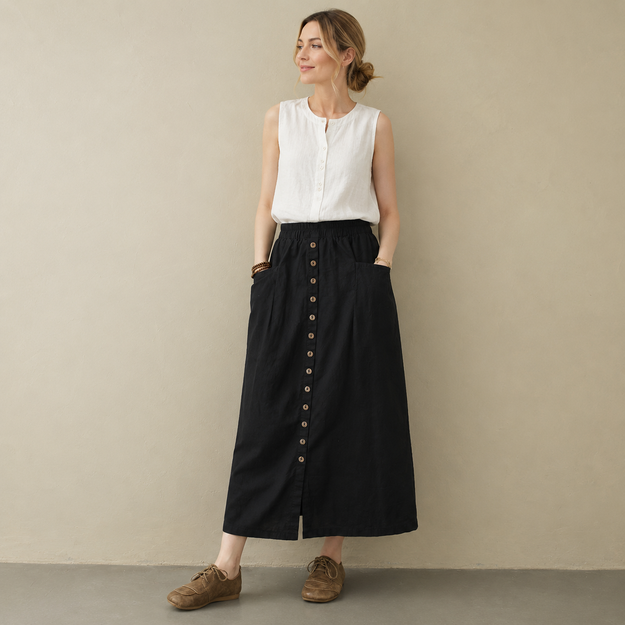 Women's Retro Cotton and Linen Button-Front Midi Skirt with Pockets