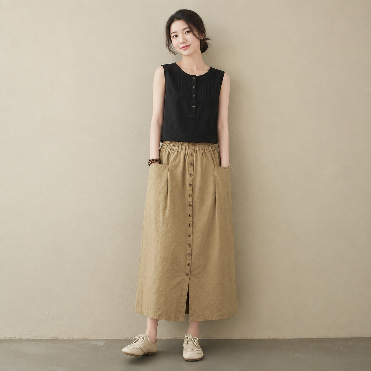 Women's Retro Cotton and Linen Button-Front Midi Skirt with Pockets