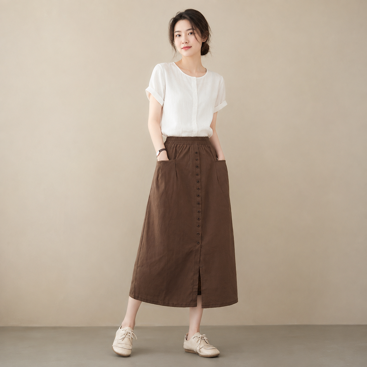 Women's Retro Cotton and Linen Button-Front Midi Skirt with Pockets