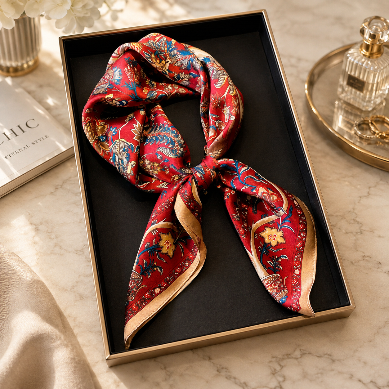 Women's Mulberry Silk Square Scarf – Vintage Floral Satin Neck, Hair & Handbag Scarf (65 × 65 cm)