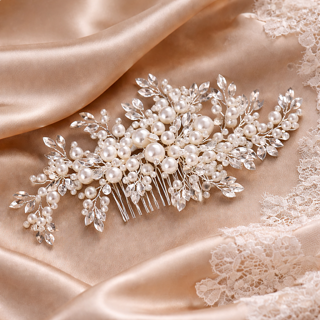 Pearl and crystal hair comb on a soft fabric background