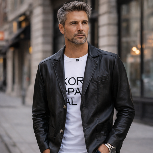 Man wearing a black leather jacket over a white t-shirt with text, standing on a city street.