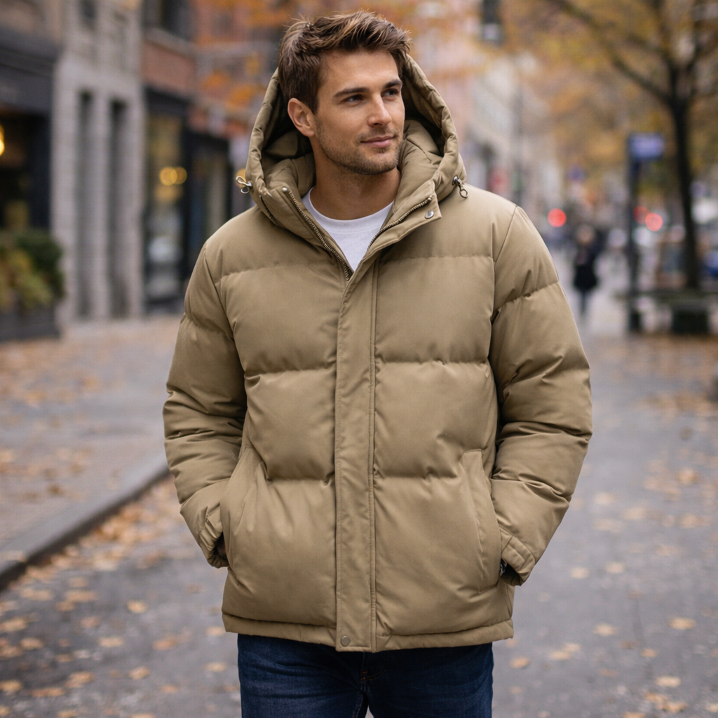 Man wearing a beige puffer jacket on a city street with blurred background