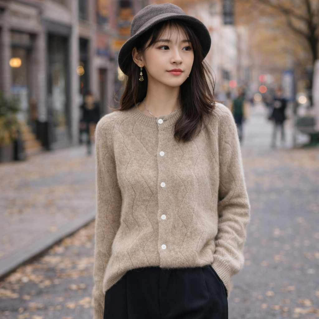 Woman wearing a beige cardigan and gray hat on a city street with blurred background
